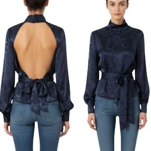 LPA Lanette Top  Blouse Long Sleeves Open Back Shirt  Navy Size XL